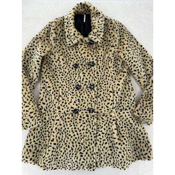 Free People Leopard Animal Print Faux Fur Double Breasted Coat Swing Jacket 6 S - Picture 8 of 14